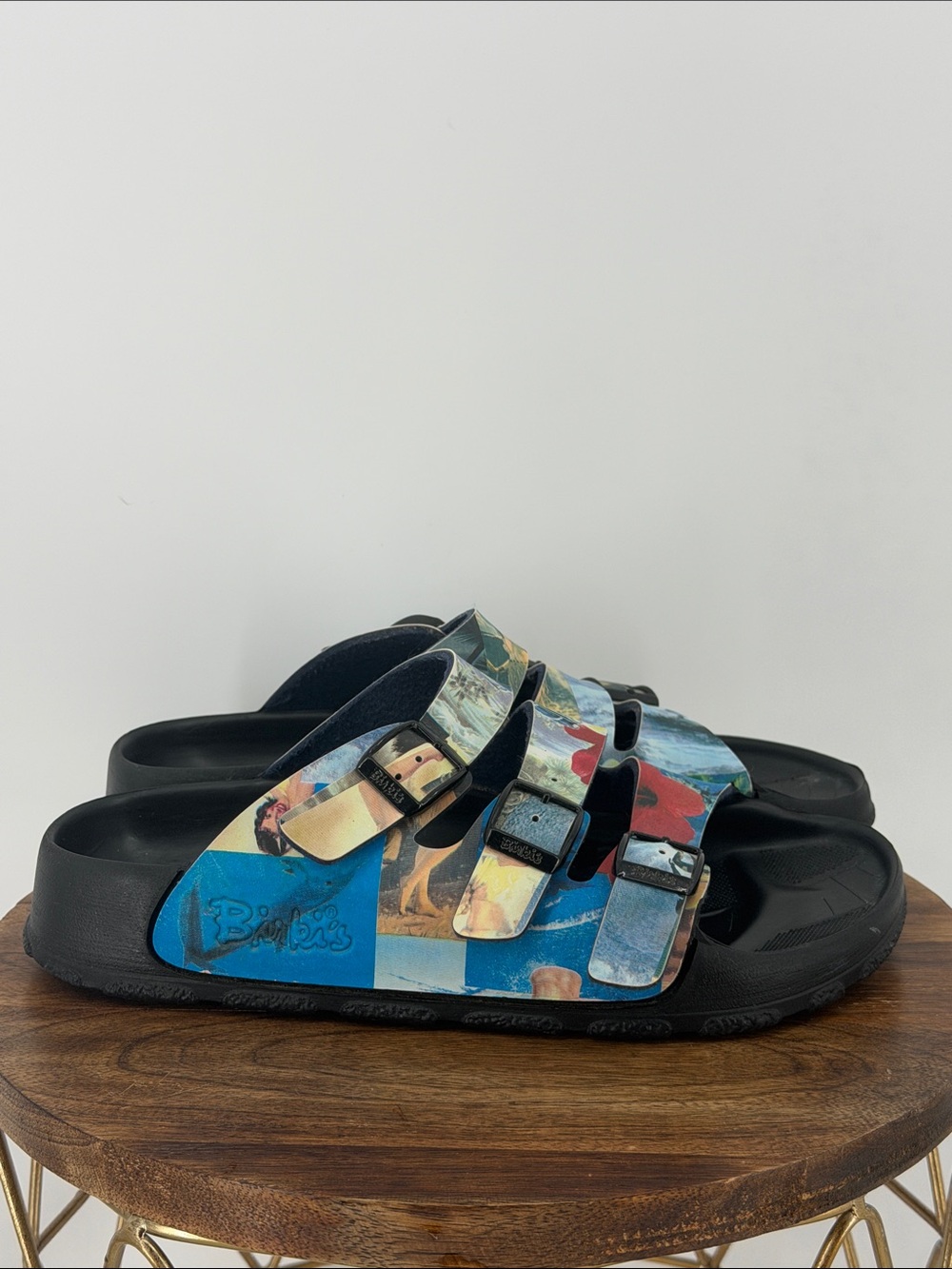 Birki’s Birkenstock 3 Strap Sandals Hawaii Tiki Photo Collage Print Black 38